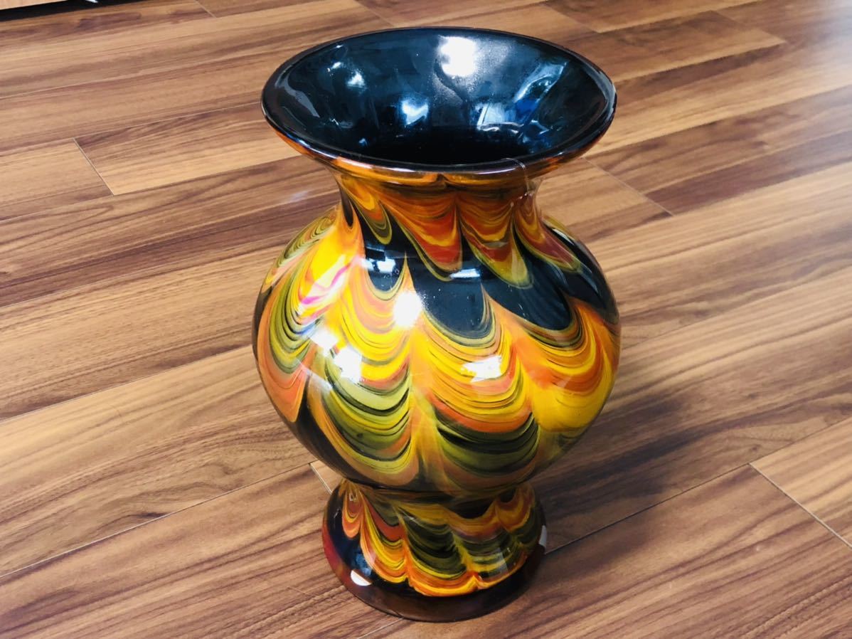 送料込み　ヴィンテージ　花瓶　手作りガラス　ART GLAS 未使用品　黒オレンジ_画像2