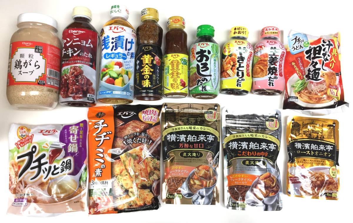 エバラ食品 株主優待 自社製品14点詰合せ 賞味期限:2023.4.4　鶏がら/黄金の味/焼肉のたれ/プチっと鍋/汁なし担々麺/横濱舶来亭/カレー粉_画像1