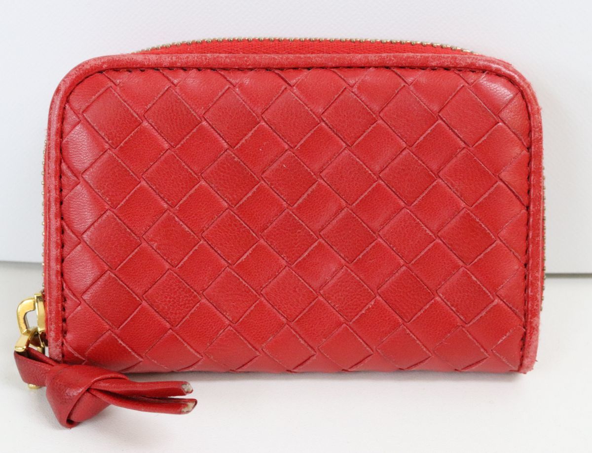 ボッテガヴェネタ BOTTEGA VENETA イントレチャート コインケース カードケース 小銭入 レッド レザー 114075 箱付 中古美品☆4277-4_画像1