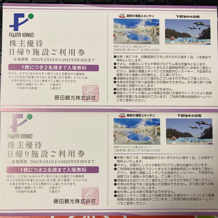 藤田観光株式会社　株主優待券　日帰り施設ご利用券2枚　（1枚2名まで利用可能）期限22年9月末まで　ミニレター送料無料　_画像1