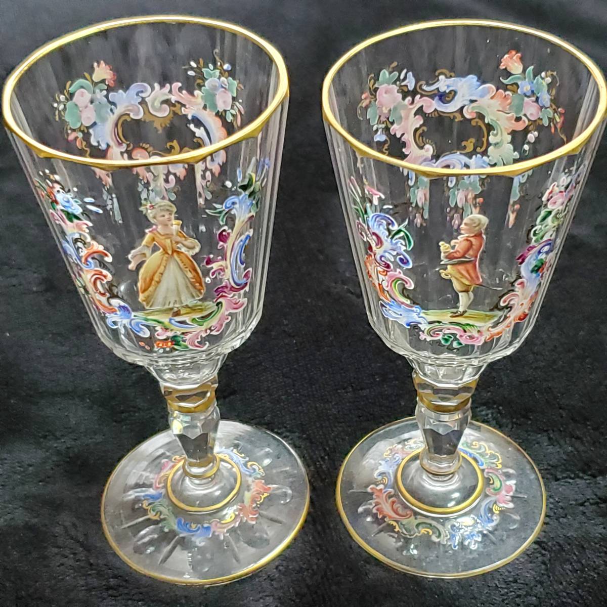 ◆希少◆LOBMEYR ロブマイヤー 1850-1899年 ロココ様式 金彩 エナメル ペアワイングラス