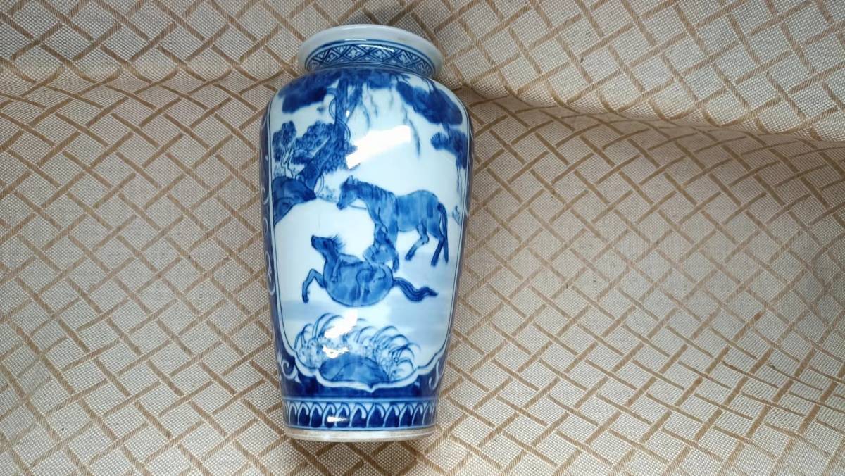 中国 唐物 古瓷 染付 時代物 清代青花釉裏紅花草馬紋瓶
