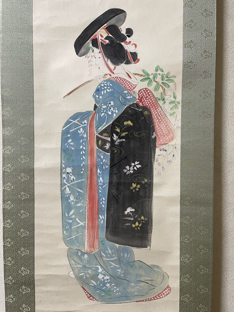 有名ブランド 梶原緋佐子 虫の音 掛け軸 美人画 日本画 絵画