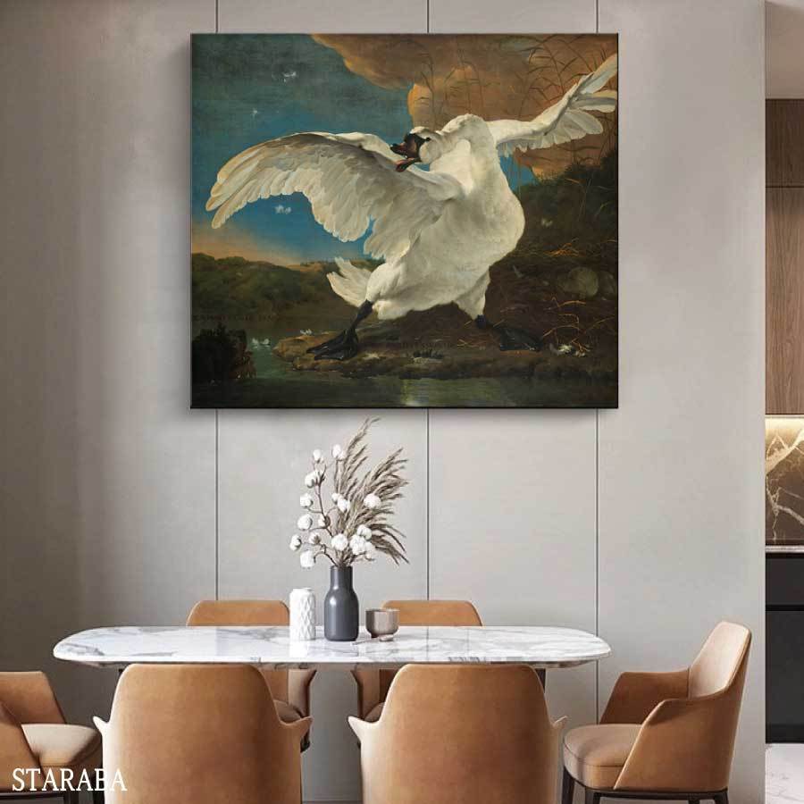 ヤン・アセリン 威嚇する白鳥 70cm×80cm 名画 絵画 インテリア 装飾 ホテル カフェ リビング ファブリック プレゼント 母の日 送料無料