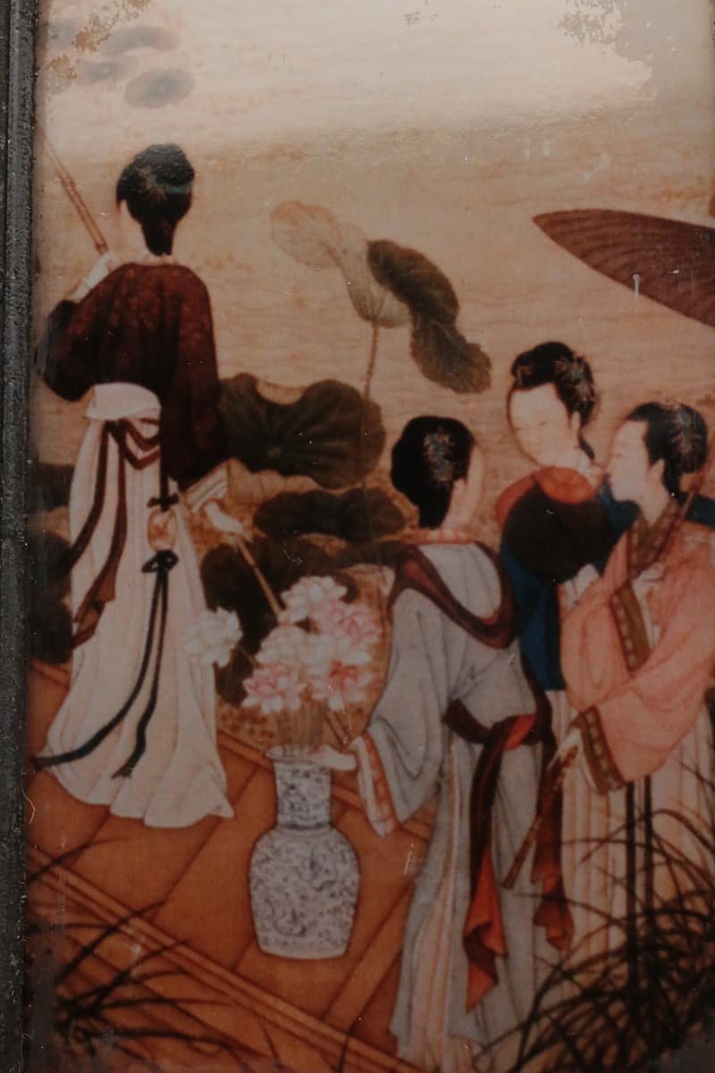 HW223 【民国 潮邑永順老店点銅真料】古錫 四面開窓亭台仕女紋錫茶叶罐・錫四面美人文茶壺・錫茶心壺・錫茶壷 煎茶道具 7