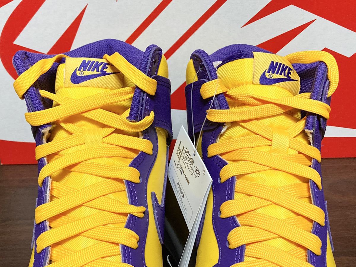 22年製 NIKE DUNK HI RETRO LA Lakers ナイキ ダンク レイカーズ SWOOSH【DD1399-500】LEATHER パープル イエロー レザー 天然皮革 US8_画像4