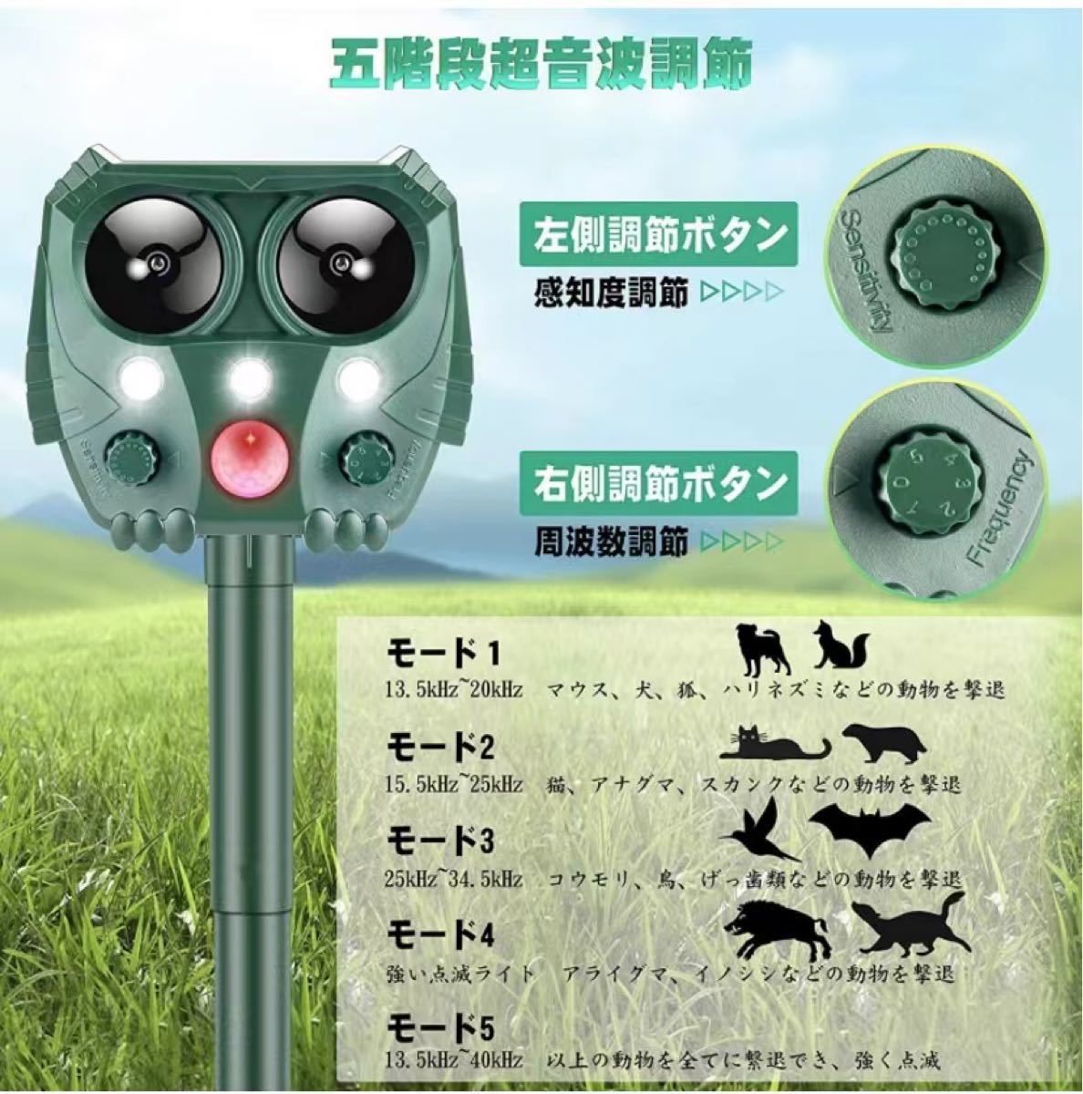 新品 ネコよけ 動物撃退器超音波 USBソーラー充電 電池 IPX4防水防塵 日本語 害獣撃退　二点セット