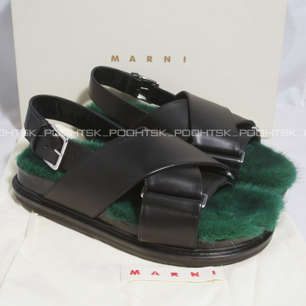 マルニMARNIミンク ファー ソール カラーブロック レザー クロス バックストラップ フラット フスベット サンダル36ブラック グリーン_画像3