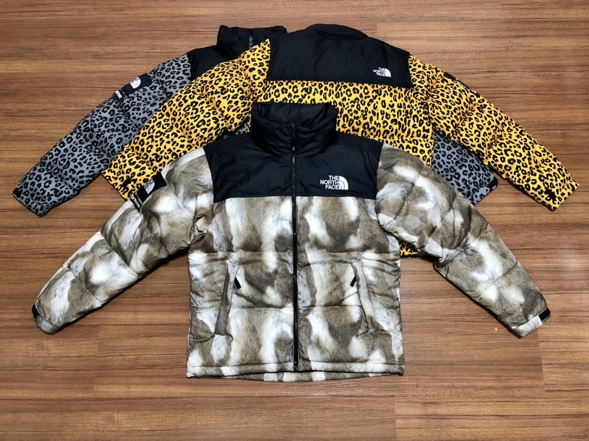 国内正規 【美品 ファーM The North Face Supreme Fur Print Nuptse Jacket】 ヌプシ faux paper leopard bleached denim 700 fill down_画像1