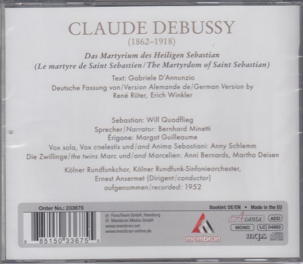 [CD/Acanta]ドビュッシー:神秘げぃ「聖セバスティアンの殉教」[ドイツ語]/W.久ヴァーとフリーク他&E.アンセルメ&ケルン放送交響楽団 1952_画像2