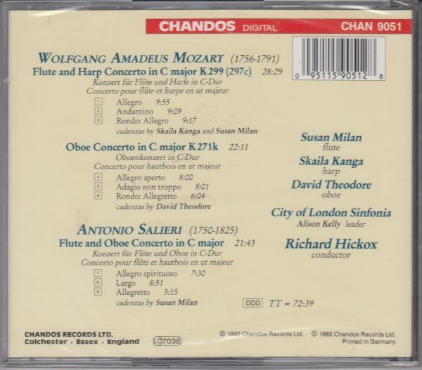 [CD/Chandos]モーツァルト:フルートとハープのための協奏曲ハ長調K.299他/S.ミラン(fl)&S.カンガ(hp)&R.ヒコックス&ロンドン市シンフォニア_画像2