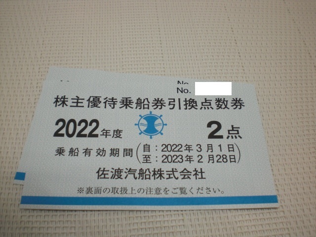 佐渡汽船株主優待乗船券引換券点数券 2点 1枚　数量2_画像1