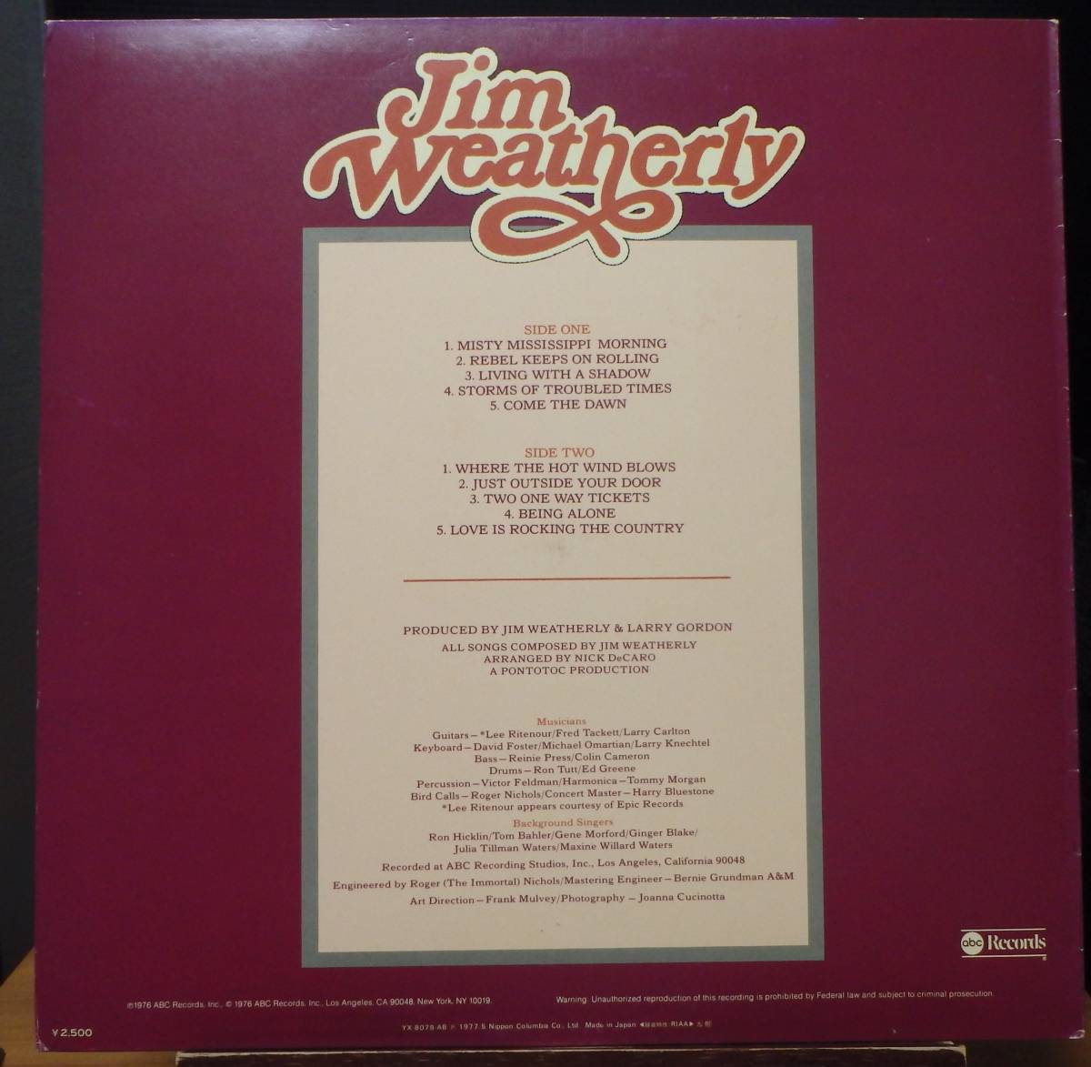 【SW458】JIM WEATHERLY 「Pictures & Rhymes (詩情と情景)」, ’77 JPN 見本盤/初回盤　★SSW/ソフト・ロック/カントリ_画像2