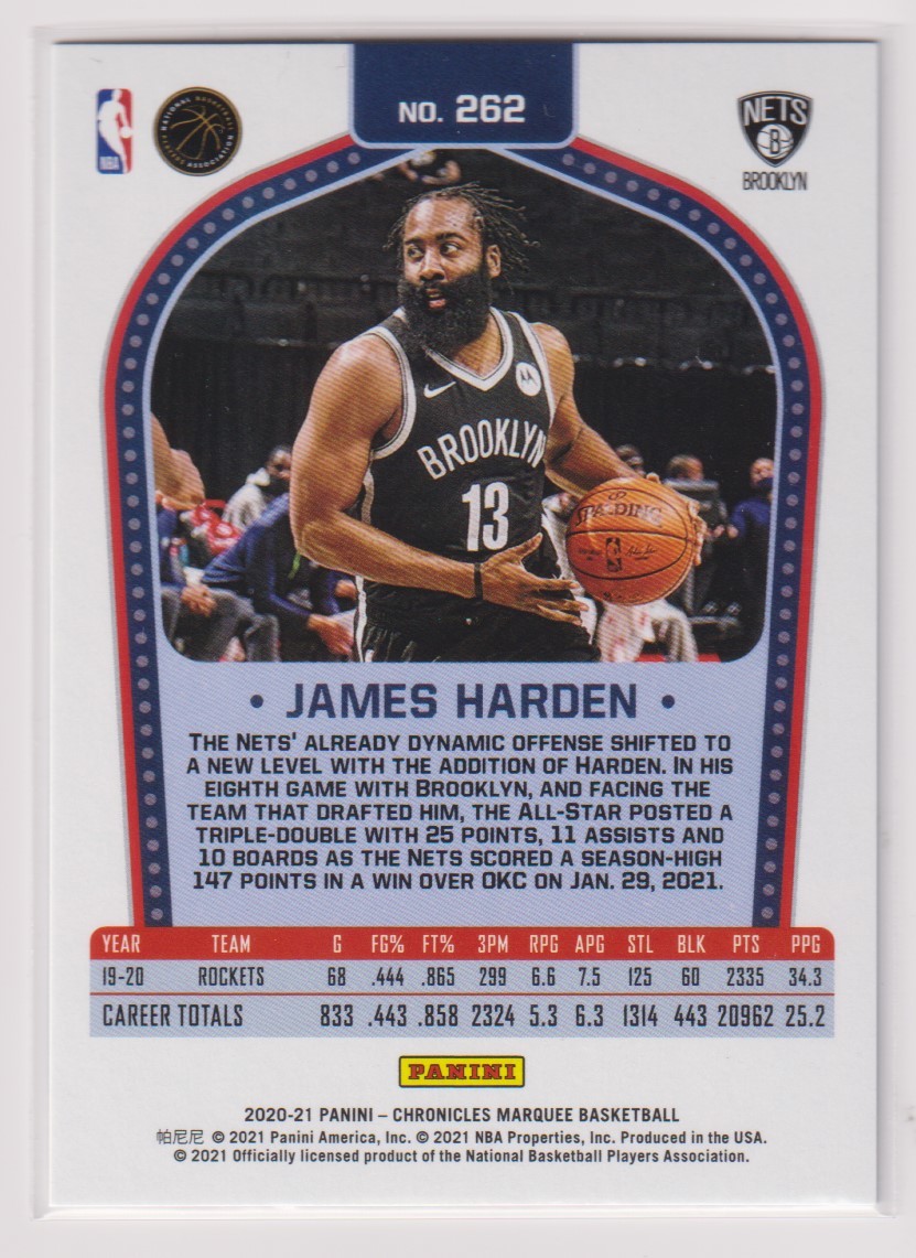 NBA JAMES HARDEN 2020-21 PANINI Chronicles MARQUEE No. 262 BLUE BASKETBALL /99 枚限定 ジェームズ・ハーデン_画像2