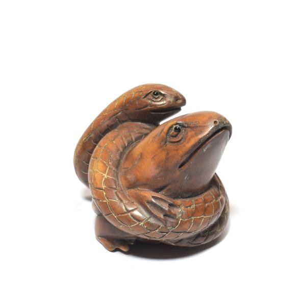 根付 柘植 蛙と蛇 黄楊 繊細彫刻 木製 カエル ヘビ 【a13-28】の画像6