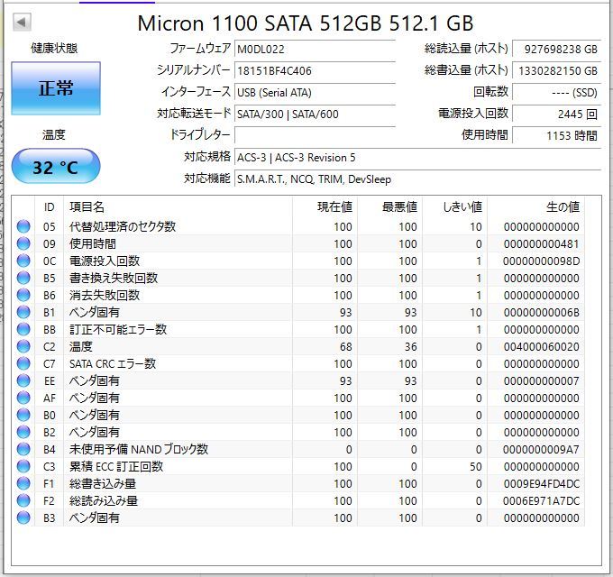 【 即決出品 送料無料 】Micron(マイクロン) M.2 SATA NAND Flash SSD 512GB MTFDDAV512TBN 中古品 2