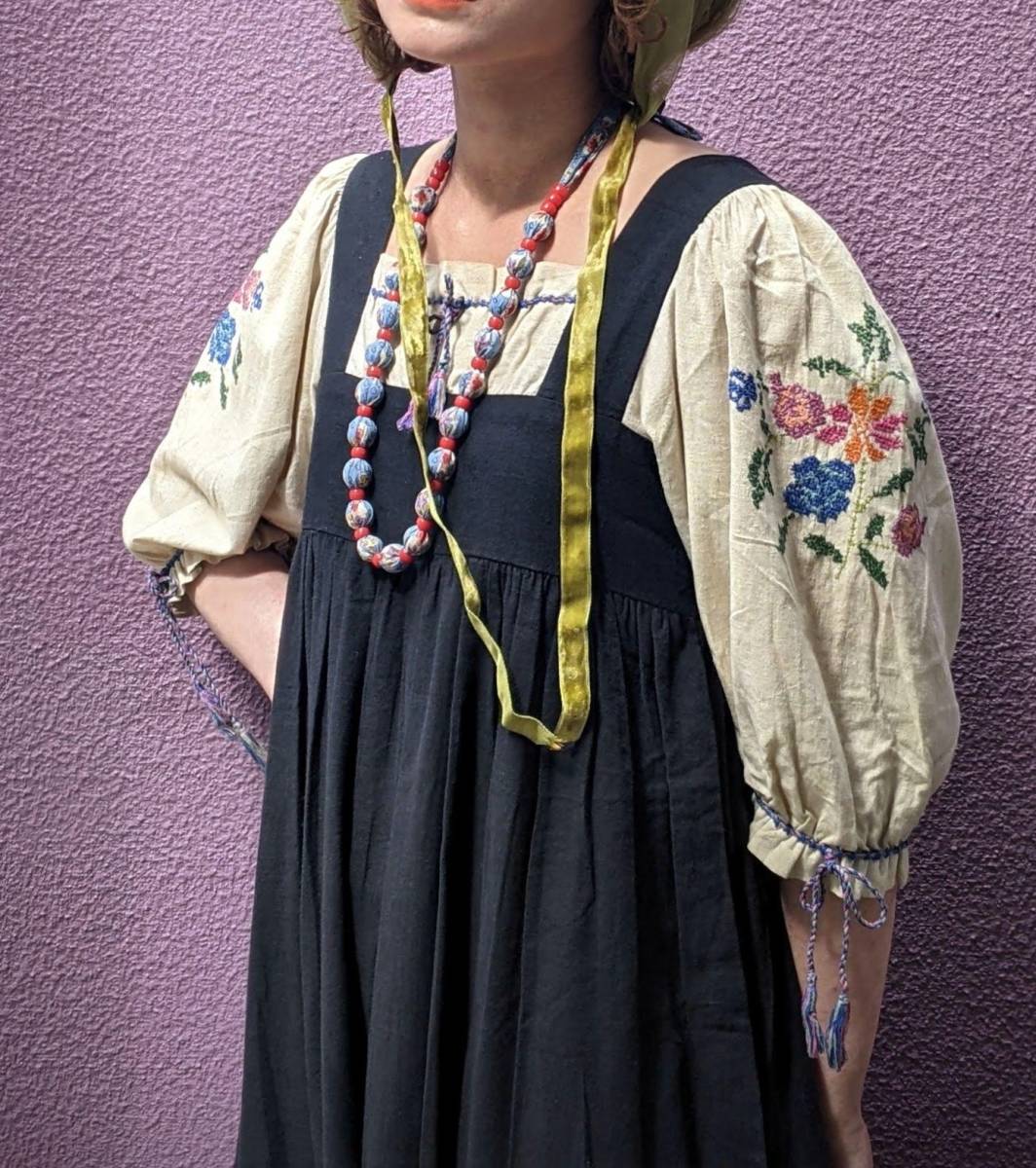 フランスヴィンテージ70’sチロリアン風ワンピース/ヨーロッパ東欧古着民族衣装クロスステッチ刺繍ヒッピーボヘミアンドレスΓSD