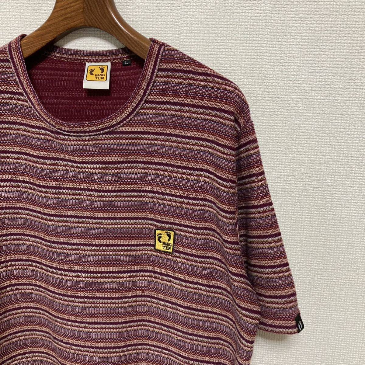 80s 90s◆HANG TEN ハンテン◆ジャガード ボーダー Tシャツ L レッド 赤 ミックス 半袖 80年代 サーフ サーフィン ヴィンテージ オールド