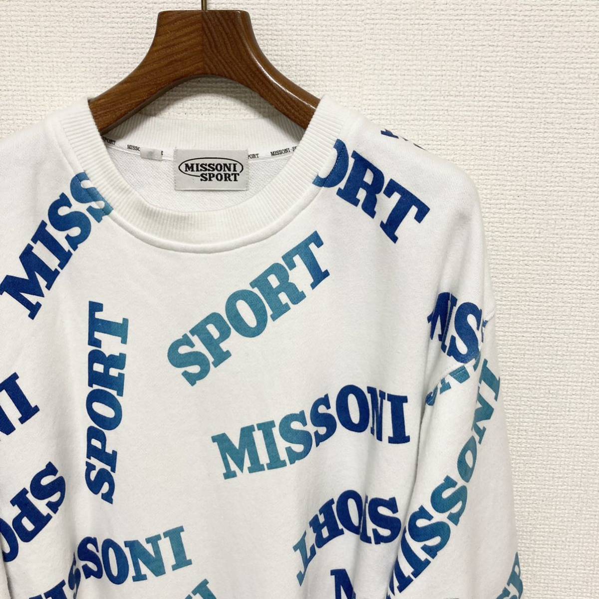 ヴィンテージ◆Missoni Sport◆総柄 グラデーション ロゴ スウェット M 白 ホワイト ブルー 裏毛 ミッソーニ スポーツ トレーナー デカロゴ