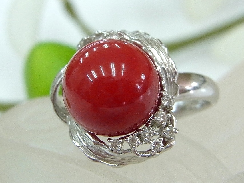 メーカー再生品】 赤血珊瑚 pt900ダイアモンドリング リング(指輪