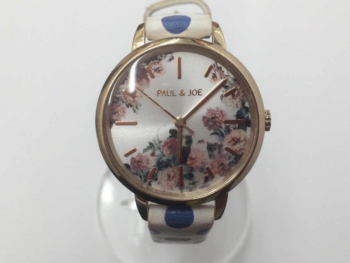 Paul&Joe(ポール&ジョー) 腕時計 PJ-7727L レディース 花柄/革ベルト 白×ピンク×グリーン 　動作確認済み_画像1