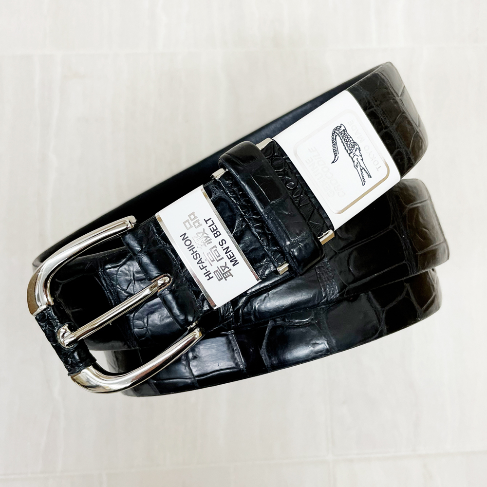 アウトレット！新品 日本製 クロコダイル ベルト ブラック マット ツヤなし 尾錠タイプ 最大100cm ベルト調整カット可能 送料無料_画像2