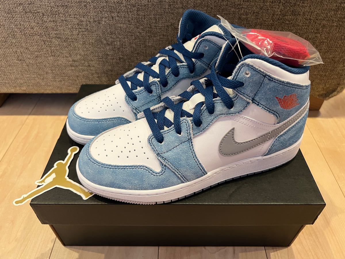 aj1 Nike GS Air Jordan 1 Mid White/University Blue/Grey 24.5cm