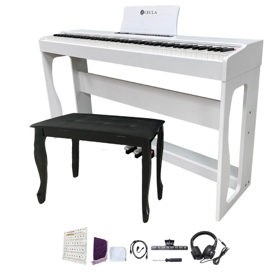 送料無料CEULA 電子ピアノ 88鍵 ホワイト MIDI機能 3鍵盤 3本ペダル2人掛けイス【PSE認証済】【12ヶ月保証】（ホワイト本体+イス） 