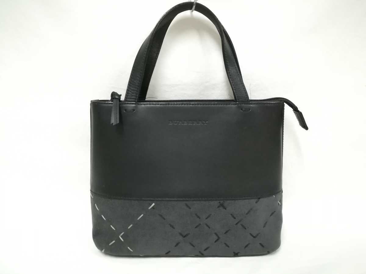 美品 BURBERRY バーバリー ハンドバッグ ブラック レザー スエード 黒