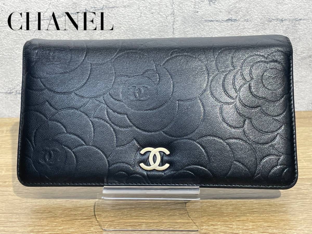 美品】CHANEL シャネル カメリア 二つ折り長財布 ココマーク カーフ