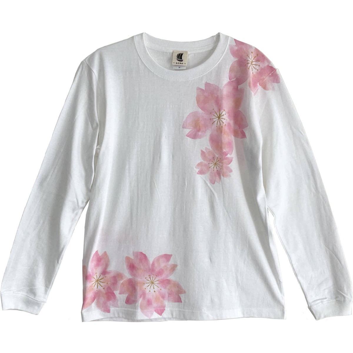 舞桜柄Tシャツ ホワイト Lサイズ 手描き長袖Tシャツ 袖リブ付き ロンT 花柄 和柄 ピンク_画像5