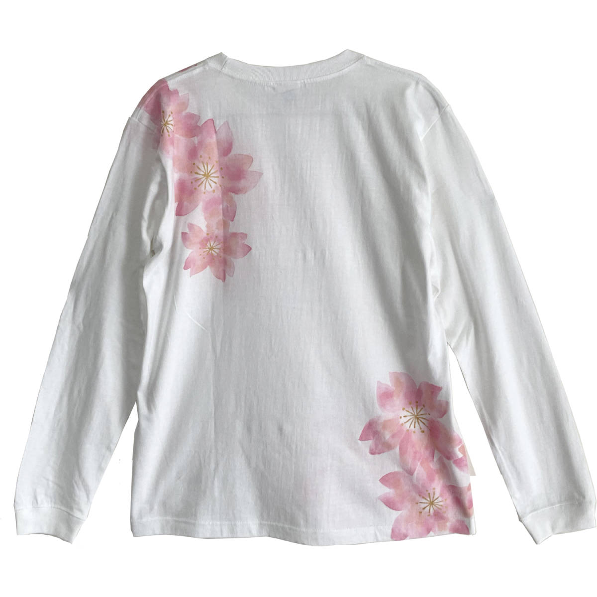 舞桜柄Tシャツ ホワイト Lサイズ 手描き長袖Tシャツ 袖リブ付き ロンT 花柄 和柄 ピンク_画像6