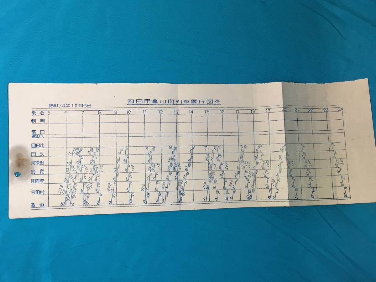 BJ109サ●四日市亀山間列車運行図表 昭和34年10月3日 ダイヤグラム 鉄道 資料_画像1