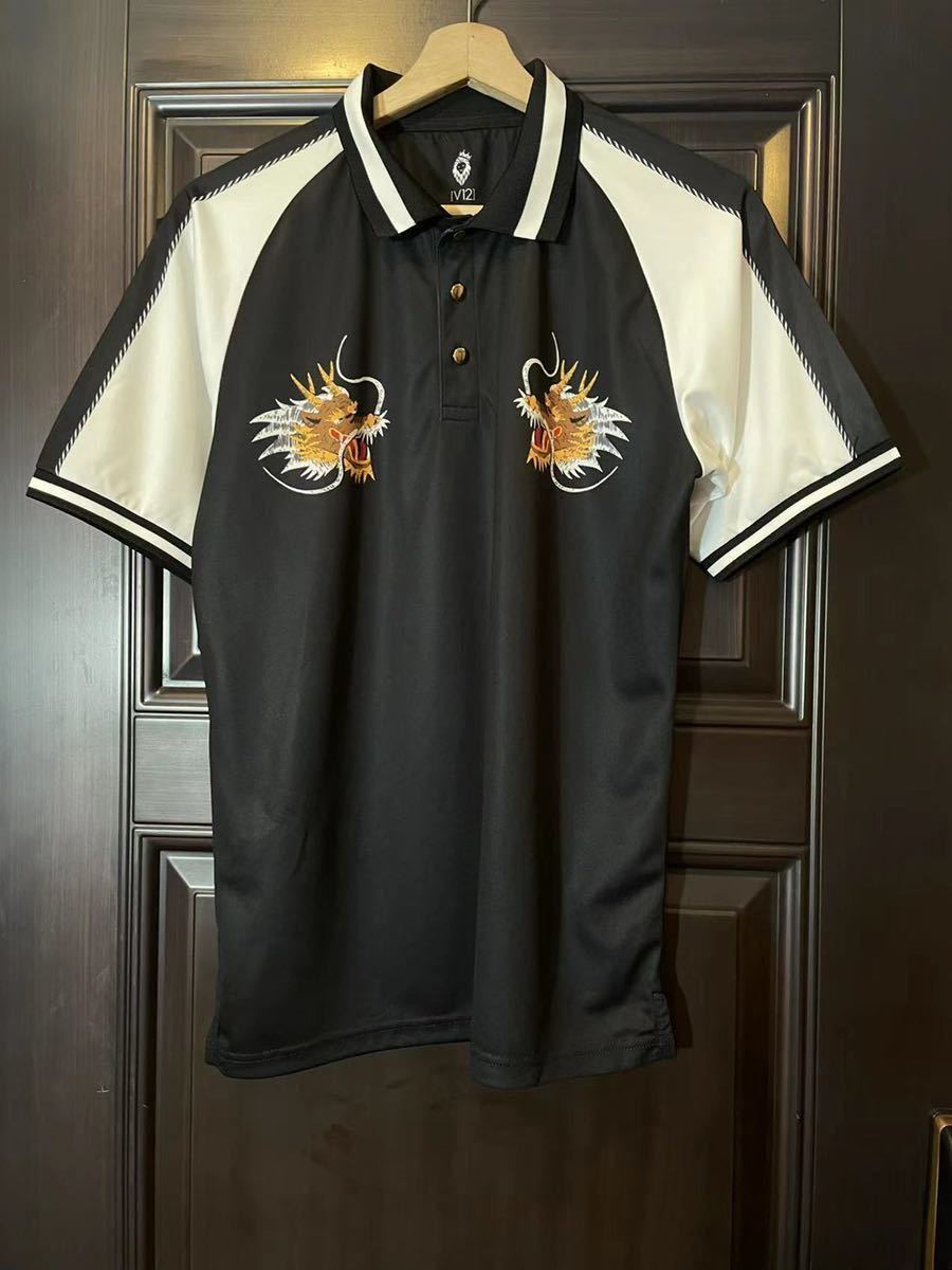 v12 21 SKA POLO ポロシャツ　メンズ　ゴルフウェア　完売品　Mサイズ　スポーツウェア　半袖　未使用　ブラック　龍　ドラゴン_画像3
