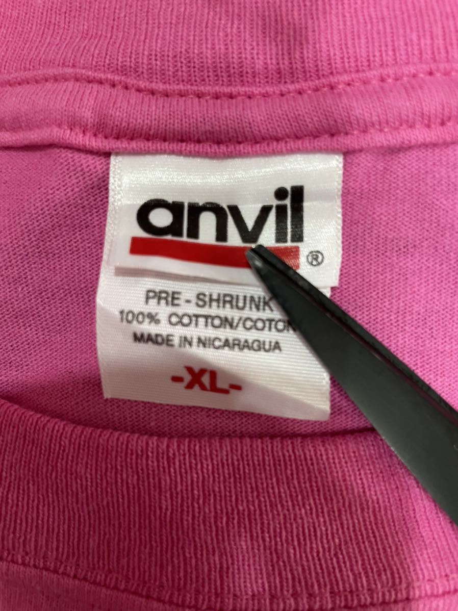 ★USA古着　黒ネコ　英字　プリント　Ｔシャツ ピンク　pink anvil XL