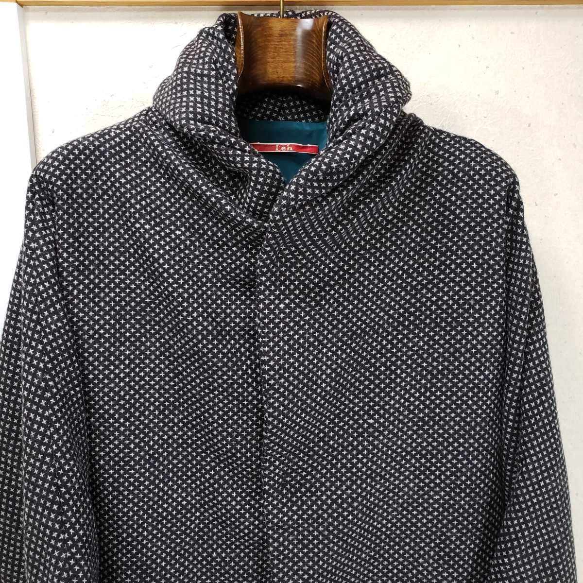 美品◆Leh(レー) ウール生地 ショールカラー オーバーコート/OVER COAT/ユニセックス/ワンサイズ(ブラック/ホワイト)