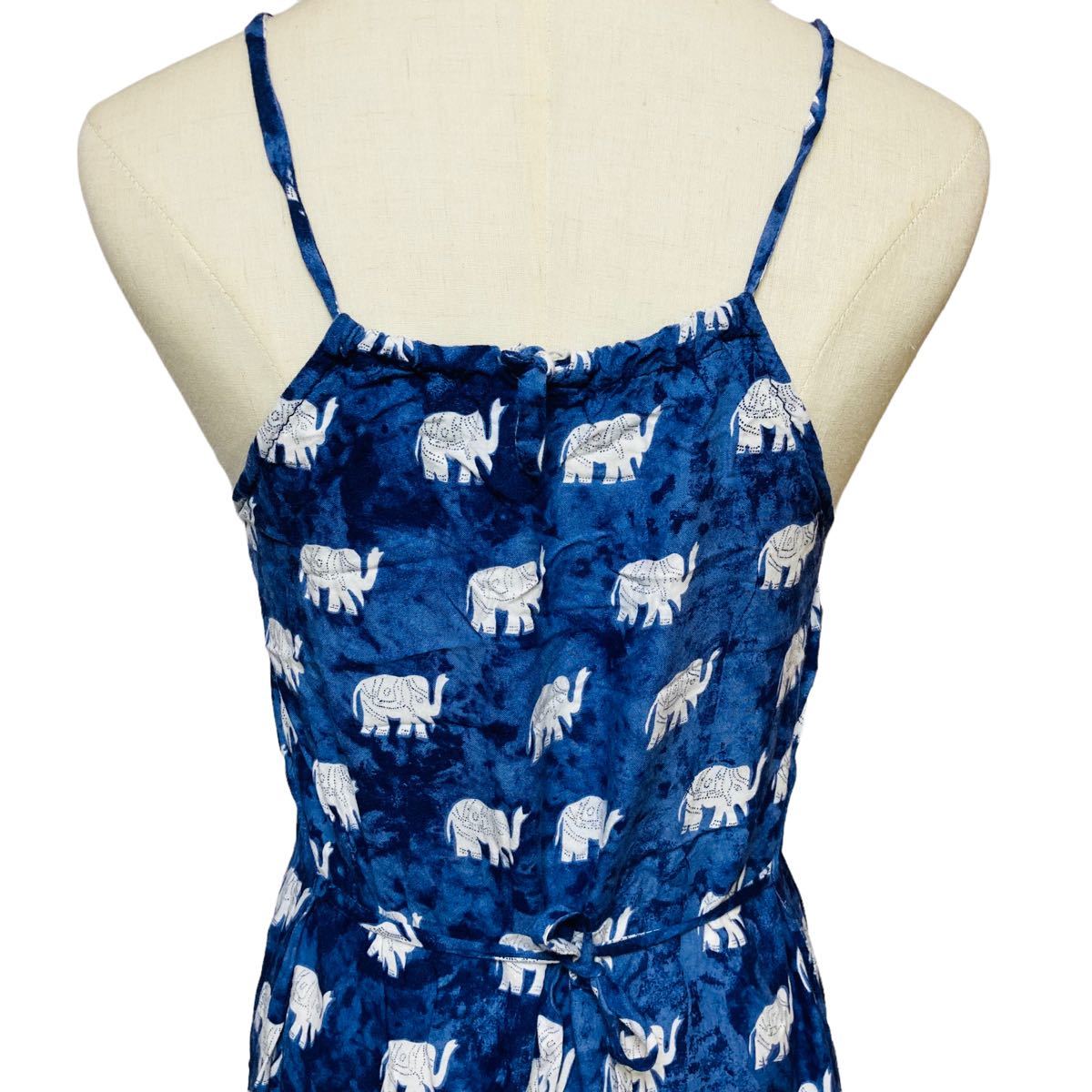 H0375　ノーブランド　スリップドレス　ワンピース　インド柄　象柄　ブルー　アニマル　動物_画像8