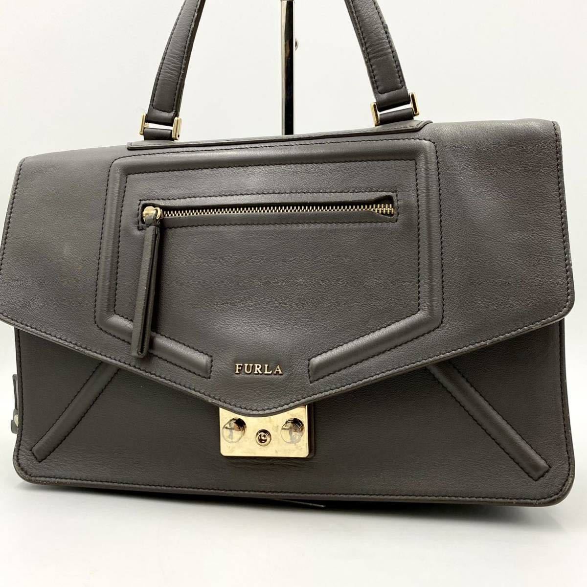 1円〜【定価10万円】入手困難品 フルラ FURLA ハンド トートバッグ ビジネス ブリーフケース グレージュ レザー メンズ レディース A4 PC_画像2