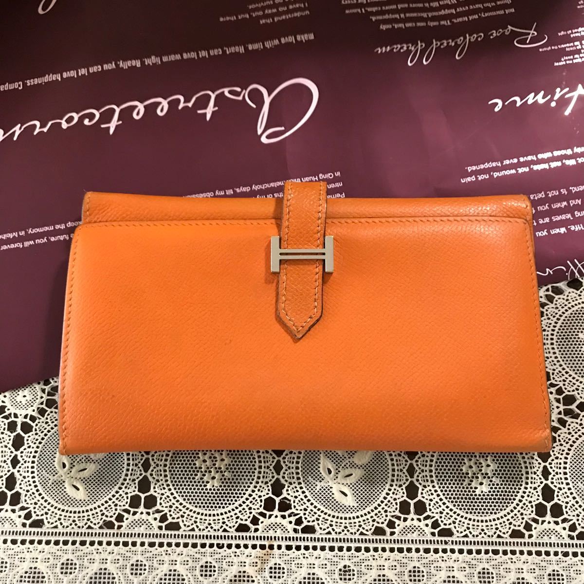 エルメス 長財布 ベアン □I刻印H金具三つ折り長財布 オレンジ色