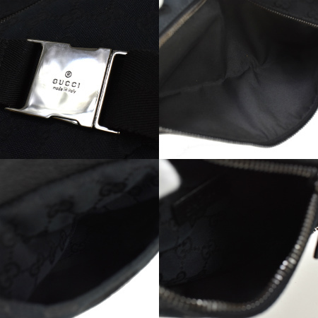 中美品 グッチ GUCCI GG柄 レザー ブラック ウエストポーチ キャンバス