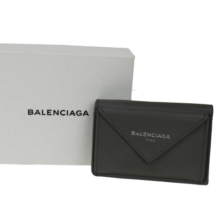 中美品 バレンシアガ BALENCIAGA ペーパー 三つ折り ミニ財布 グレー レザー 保存箱付き 67MK407