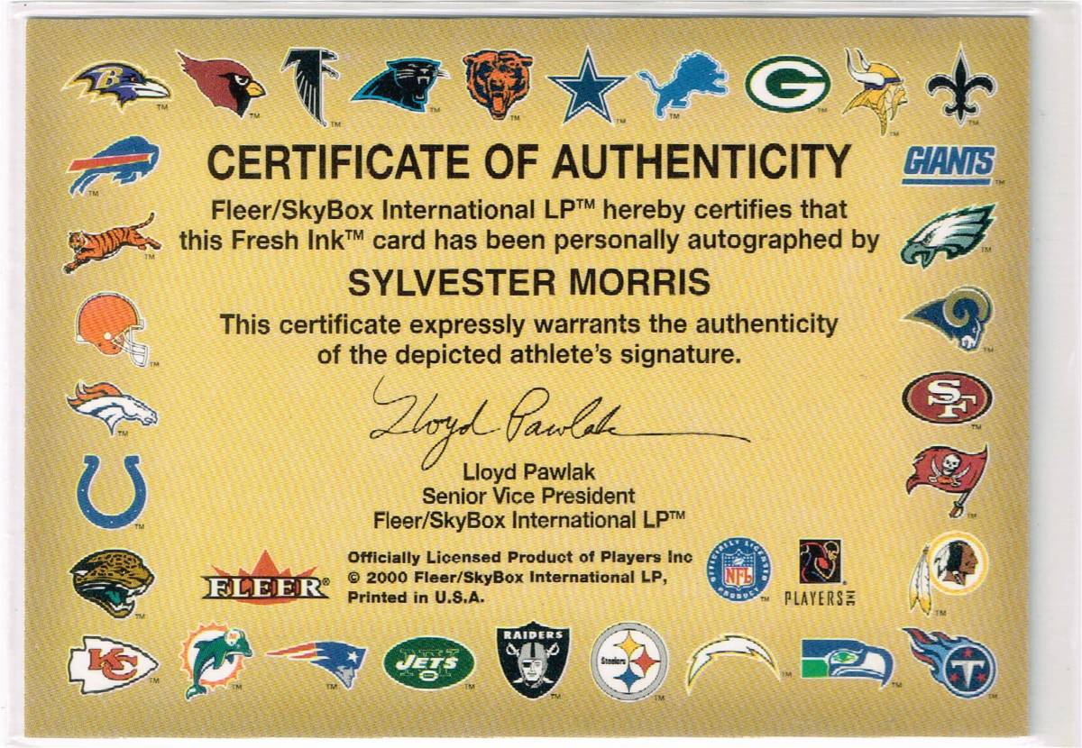 2000 Fleer Autographics Sylvester Morris Auto Autograph Kansas City Chiefsシルベスター・モリス 直筆サイン NFL ルーキー RC Rookie_裏面