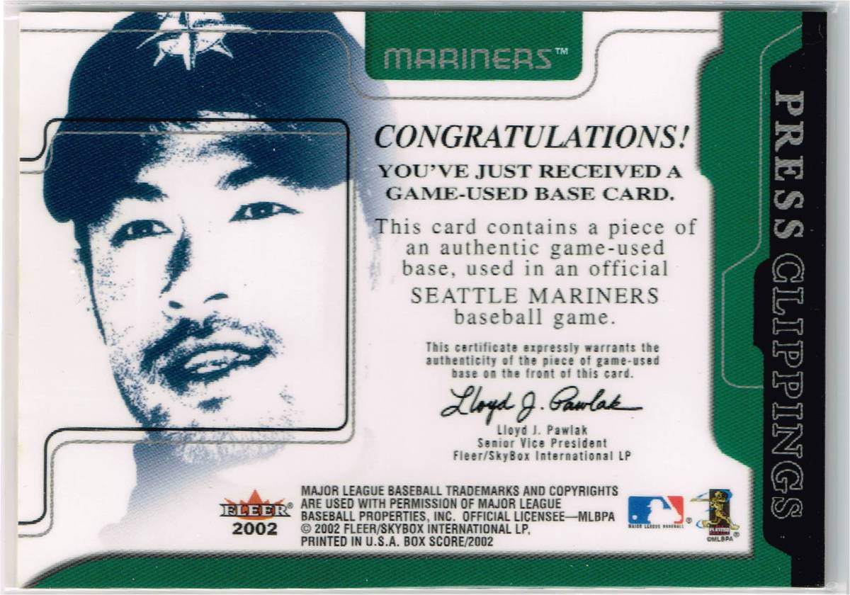 2002 MLB Fleer Box Score Press Clippings Game Used Base Ichiro Suzuki フレア イチロー _裏面