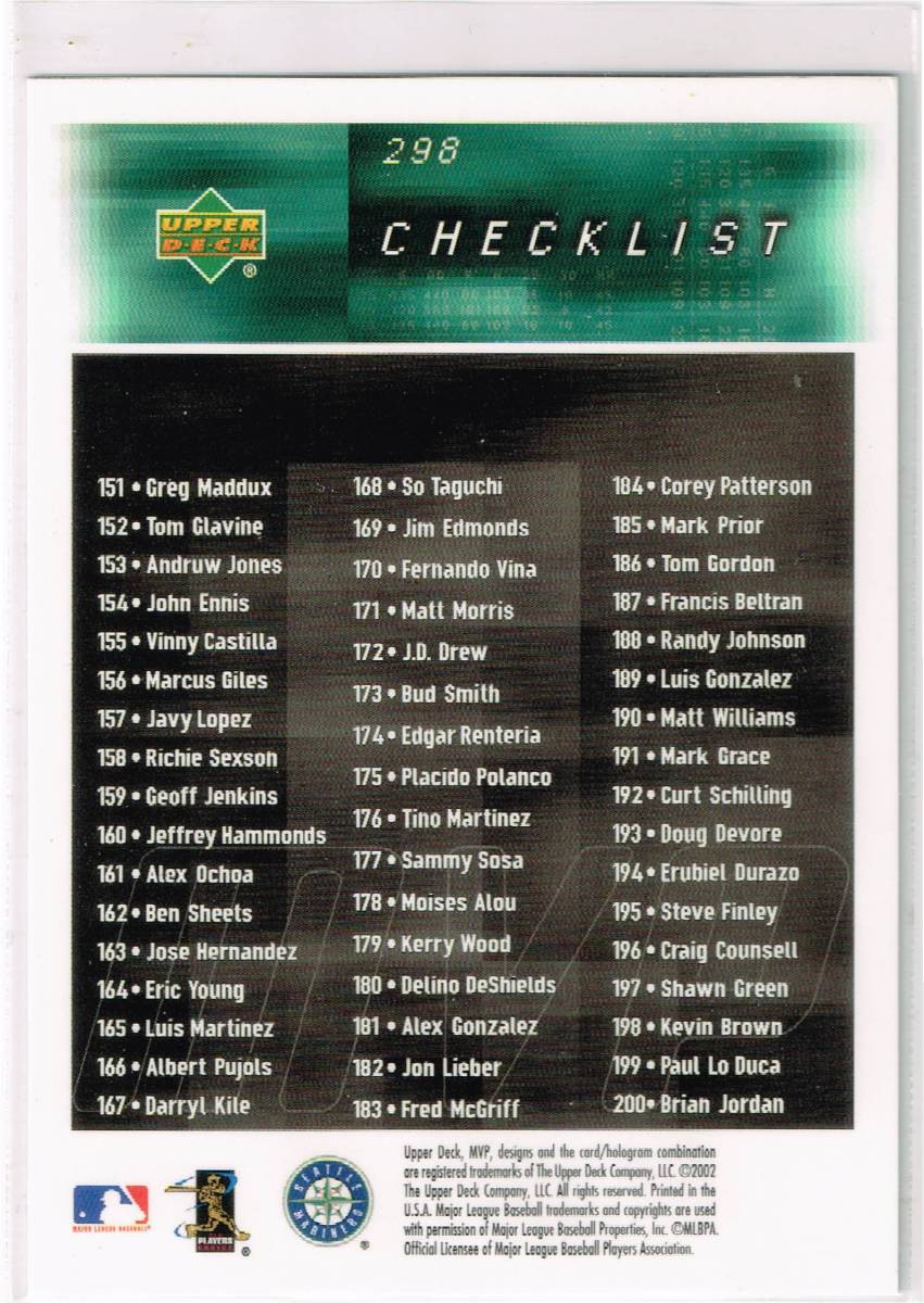 2002 MLB Upper Deck MVP #298 Checklist Ichiro Suzuki UD アッパーデック イチロー _裏面