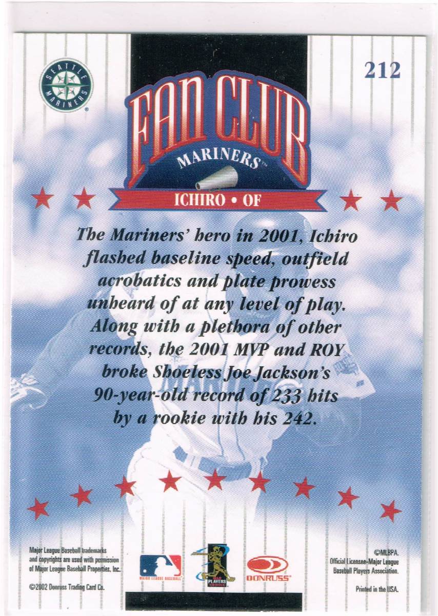 2002 MLB Donruss #212 Fan Club Ichiro Suzuki ドンラス イチロー SP_裏面