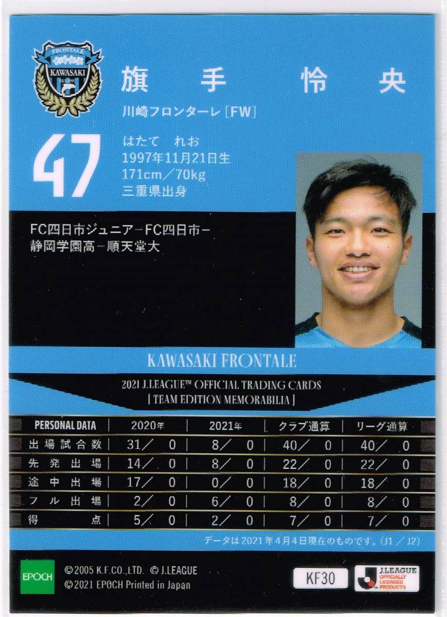 2021 エポック Jリーグ オフィシャルトレーディングカード TE 川崎フロンターレ パラレル #KF30 旗手怜央_裏面