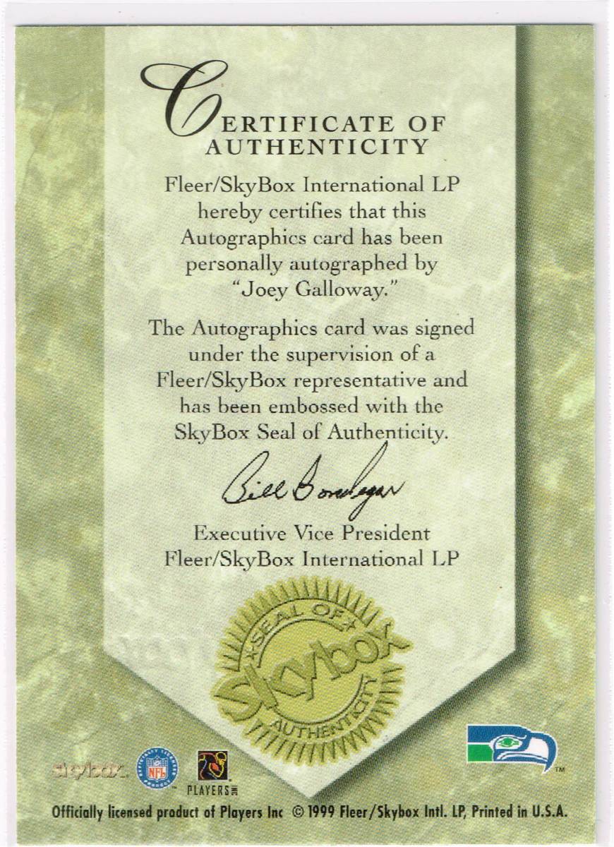 1999 Skybox Autographics Joey Galloway Auto Autograph Seatlle Seahawks ジョーイ・ギャロウェイ 直筆サイン シアトル シーホークス NFL_裏面