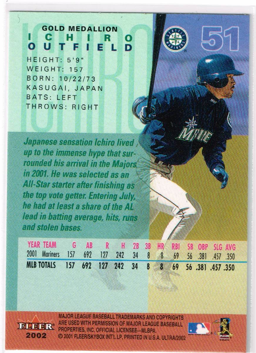 2002 MLB Fleer Ultra Gold Medallion #51 Ichiro Suzuki フレア ウルトラ イチロー パラレル_裏面