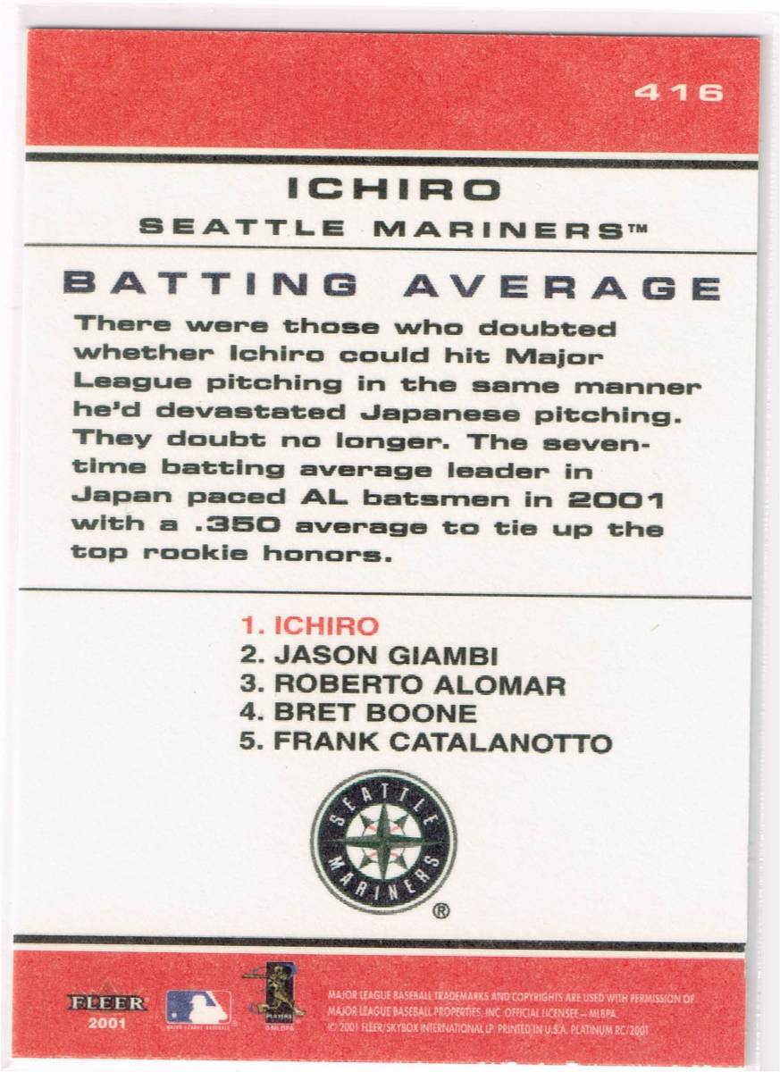 2001 MLB Fleer Platinum RC Edition #416 Chart Toppers Batting Average Ichiro フレア イチロー ルーキー_裏面