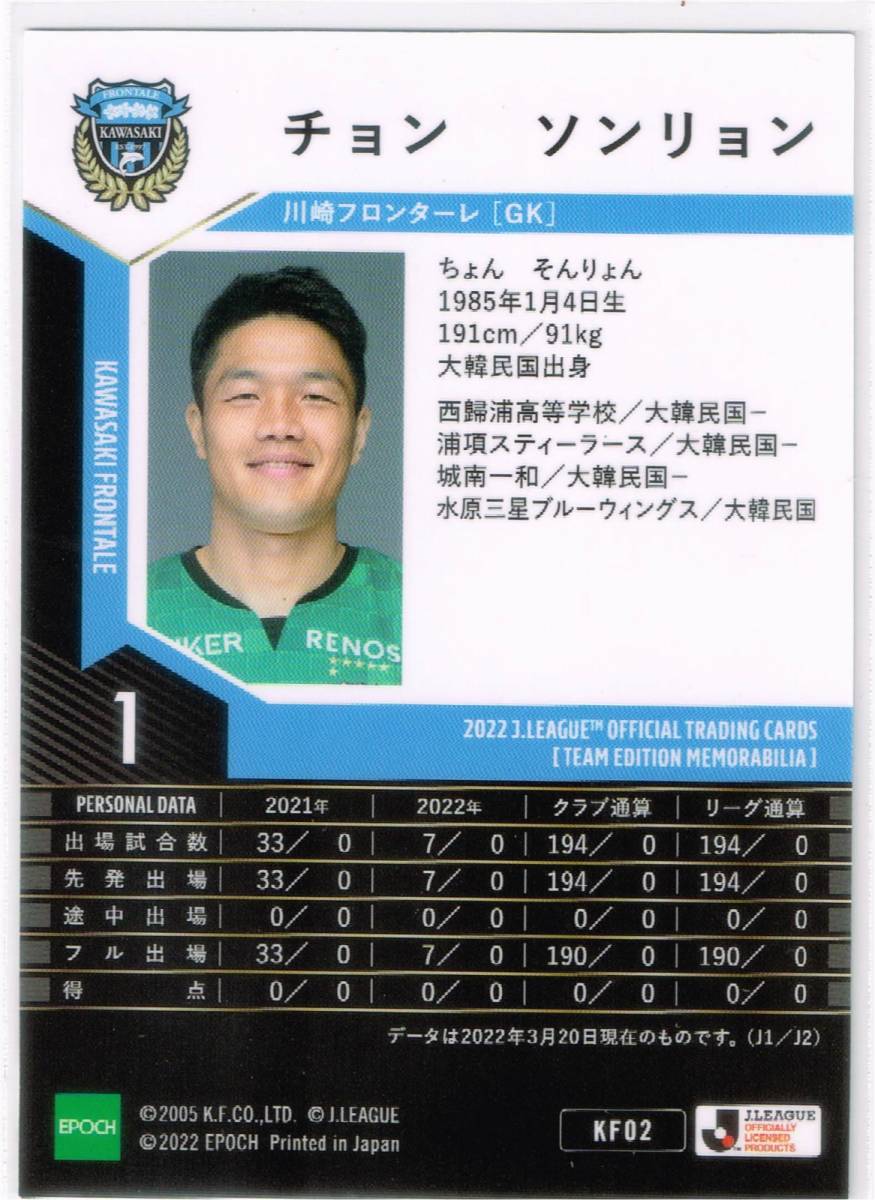 2022 エポック Jリーグ オフィシャルトレーディングカード TE 川崎フロンターレ #KF02 チョン・ソンリョン 鄭成龍 _裏面
